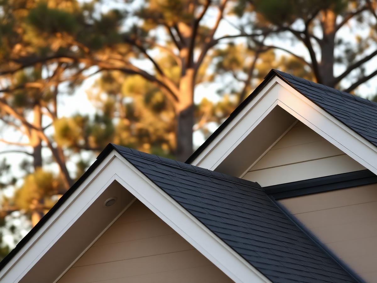 Georgia home roofline against pine trees